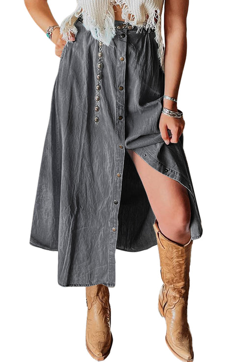 Fully Buttoned Long Denim Skirt